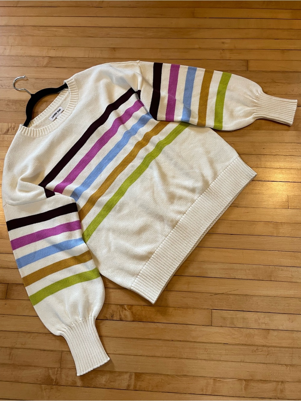LANDS’ END NWT 2025 Cotton Boxy Fit Sweater Balloon Sleeves Cream Striped Preppy